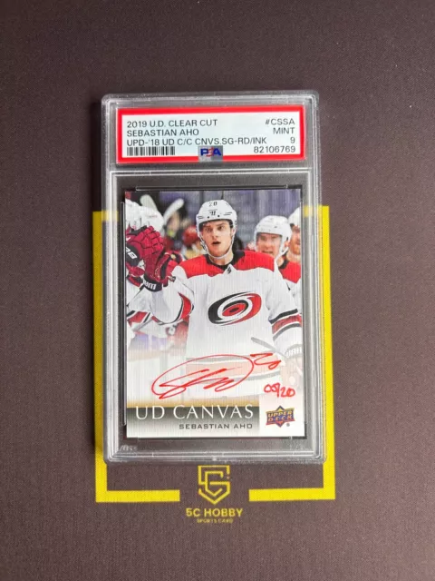 2019-20 UD Clear Cut UPD-18 Canvas Red Ink Auto/20 # Sebastian Aho PSA 9 FCYY