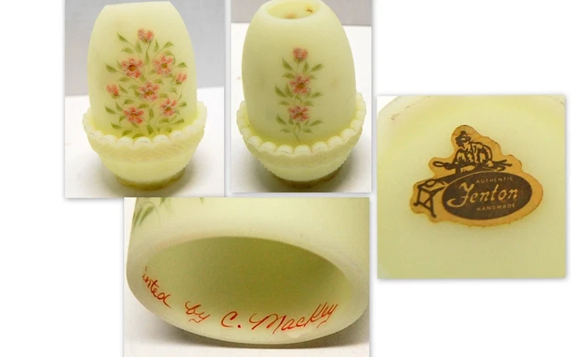 VTG Fenton Uranium Fairy light Custard Glass textured Painted flower Signed gift