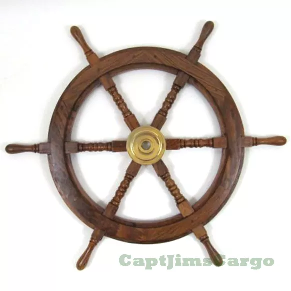 Teak Wood Ships Steering Wheel 30" Brass Hub Nautical Maritime Boat Wall Decor