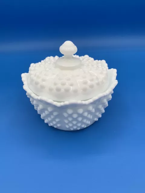 Vintage Fenton Milk Glass Hobnail White Candy Dish Sugar Bowl Jam Jar EUC