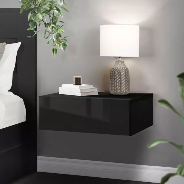 Table de nuit suspendue avec tiroir armoire de chevet moderne MDF noir brillant