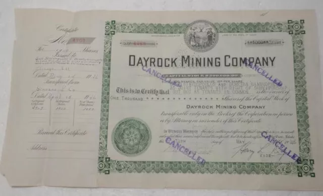 1946 DAYROCK MINING CO 1000sh ctf#4769 w/seal, stamps, EXCELLENT RARE Some wear