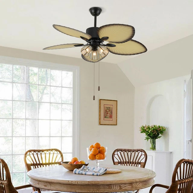 52" Retro LED Ceiling Fan Light 5 Wood Blade Fan Chandelier W/Remote Control