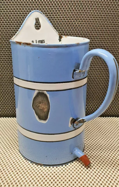 Antik Pressol Klistier 2L Emaille -blau Streifen Weiß Deko Vintage