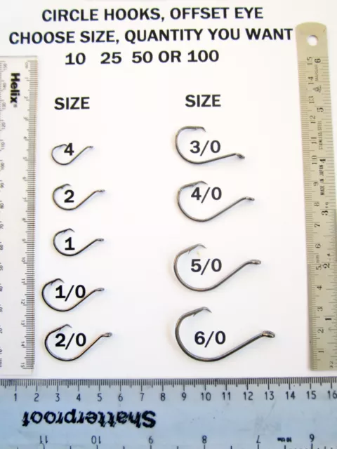 Circle Fishing Hooks Offset Eye Assorted Sizes Sea Beach Boat Cod Crimp Swivels.