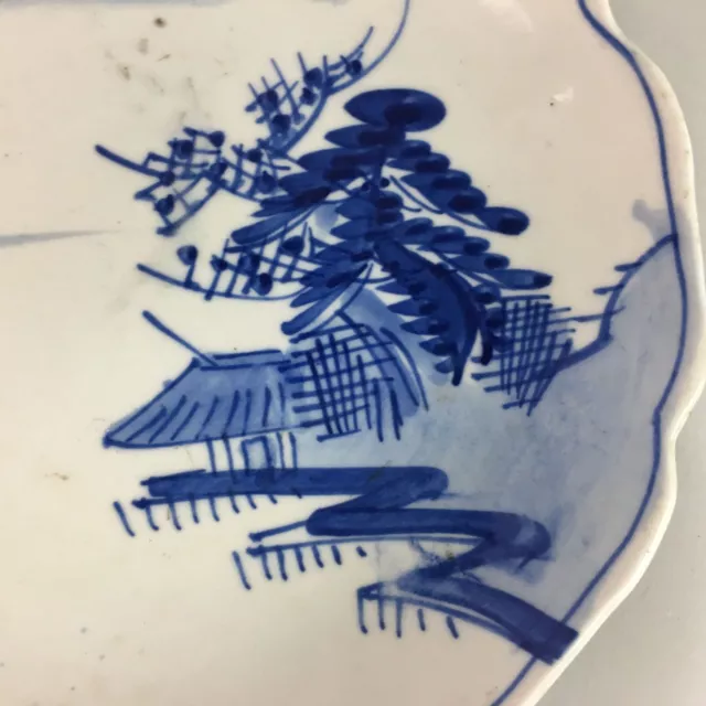 Japanese Porcelain Round Plate Vtg Sometsuke Blue White Mountain Scenery PT548 2