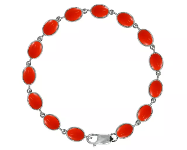 Sterling Silver Natural Peach Coral 21.00ct Oval Tennis Bracelet British Made