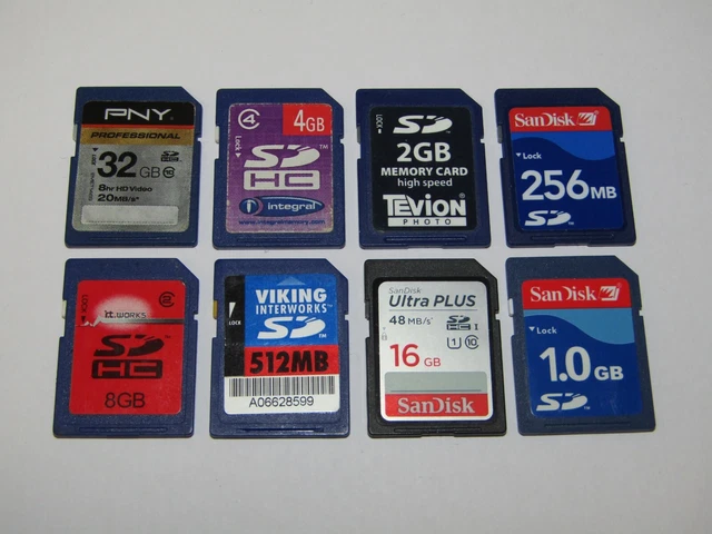 Lote de trabajo de 8 tarjetas de memoria SD 32 GB 16 GB 8 GB 4 GB 2 GB 256 MB