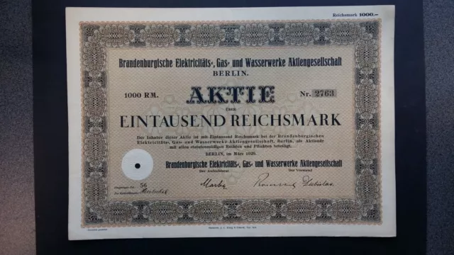 Brandenburgische Elektricitäts-, Gas- u. Wasserwerke AG 1000 RM 1929 Berlin