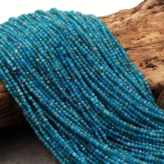 AAA Natural Blue Apatite Gemstone Round Micro Faceted Cut Beads Strand 15.5"