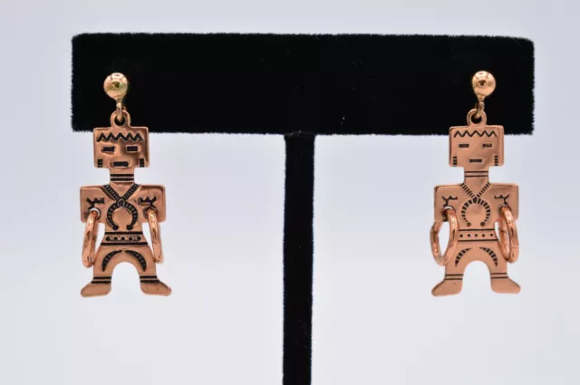 Vintage Copper Earrings Dangle Robot Robotic Man 1980s 9I