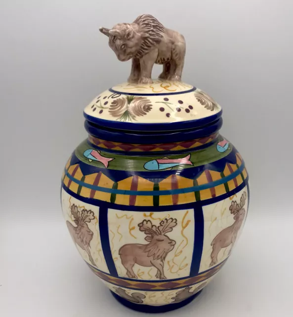 Zrike Pottery Field & Stream Med Canister w/Buffalo Lid Finial 10” Danna Cullen