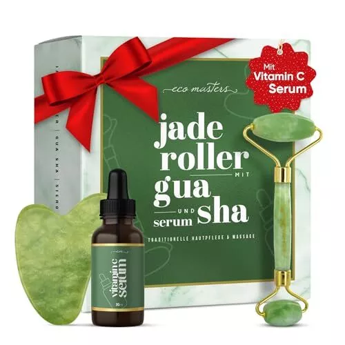 Jade Roller mit Vitamin C Serum & Gua Sha - Massage gegen Augenringe & Falten...