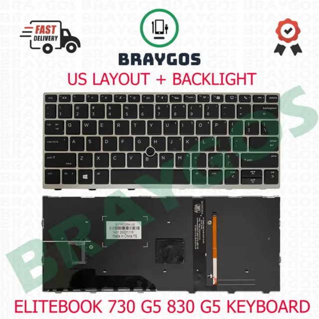 For HP EliteBook 730 G5 830 G5 735 G6 US Laptop Keyboard With Frame + Backlit
