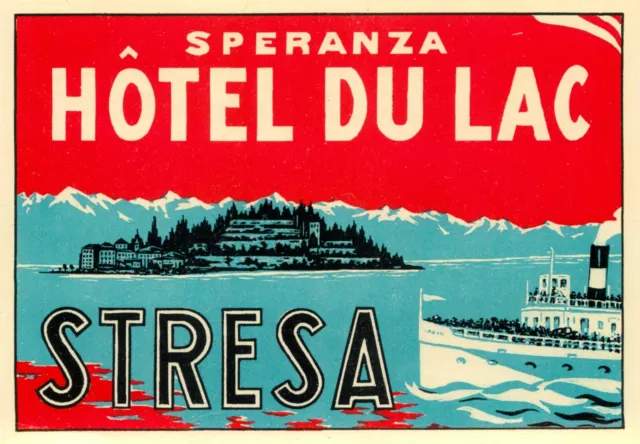 Hotel du Lac ~STRESA - ITALY~ Beautiful / Seldom Seen Old Luggage Label, 1940