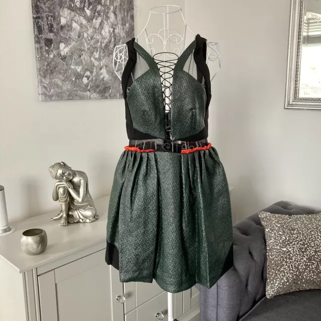 Three Floor Green Shimmer Laced V-Neck Mesh Insert Pleated Dress Size 8 RRP £245