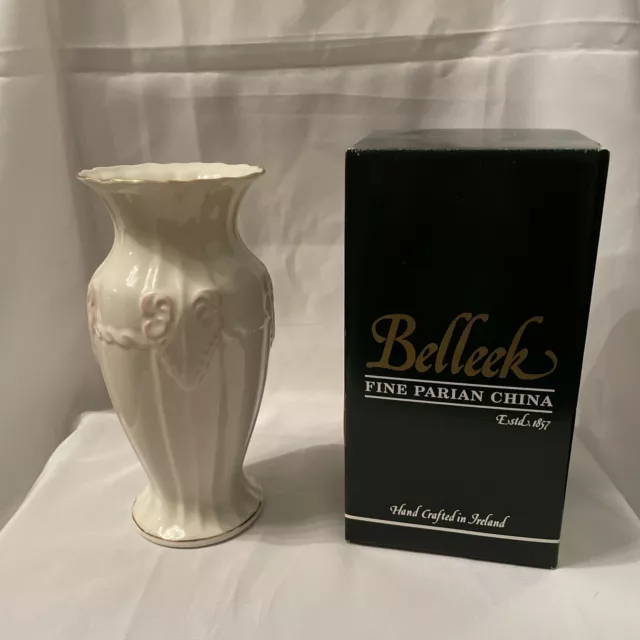 Vintage Belleek Fluted Georgian Shell Vase 9” Discontinued Porcelain Ireland