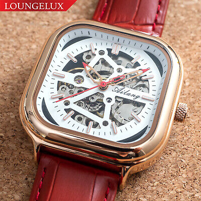 Mens Automatic Mechanical Watch Rose Gold White Red Leather Deployant Buckle
