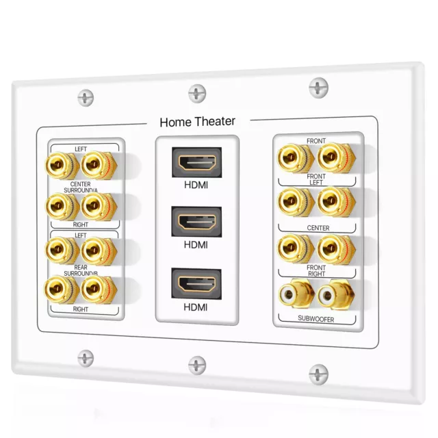 7.1 7.2 Home Theater Speaker Wall Plate + 2 RCA Jacks + 3 HDMI Connectors White