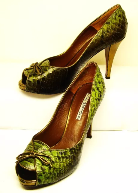 Via Spiga Shoes Pump Heels 3" Snake Print Patent Leather Gilded trim Italy Made