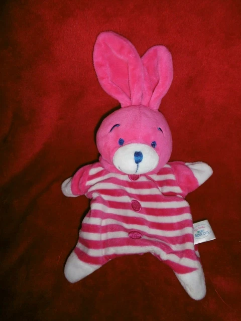 Doudou Plat Lapin Rose et Blanc Rayé Col Bouton Rose Mon Roucous Neuf