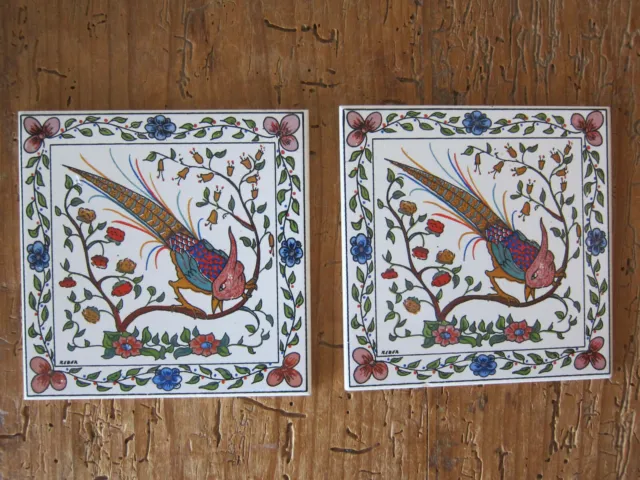 Pair Ceres Coimbra Portugal Hand Painted Bird & Floral Ceramic Tiles Trivets