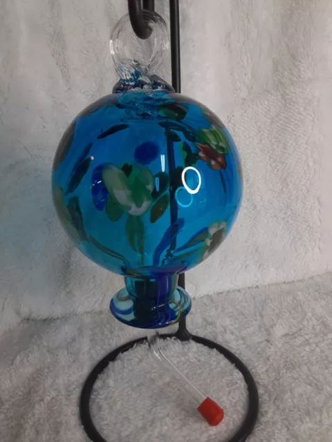 Hand Blown Glass Blue with Multi Color Flowers Hummingbird Feeder