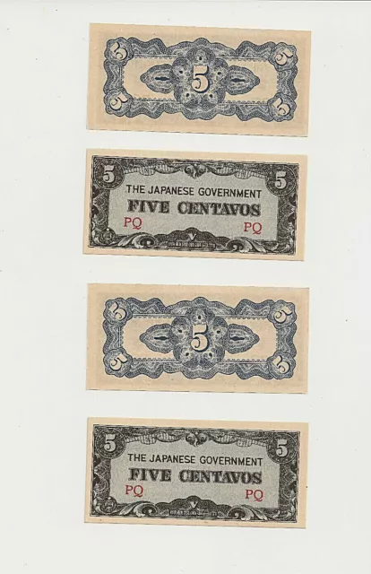 WWII Japanese Government Occupation Money (4) Five Centavos Notes