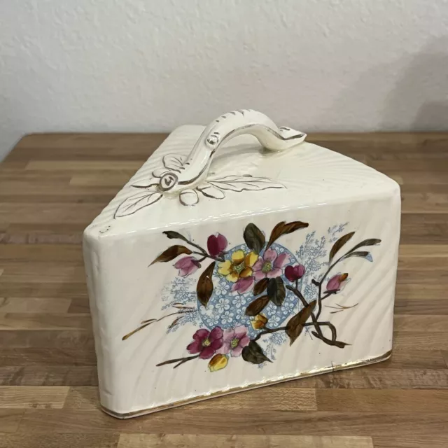 Antique Victorian Cheese Dish Cover Keeper Porcelain Hand Painted Flowers 1855