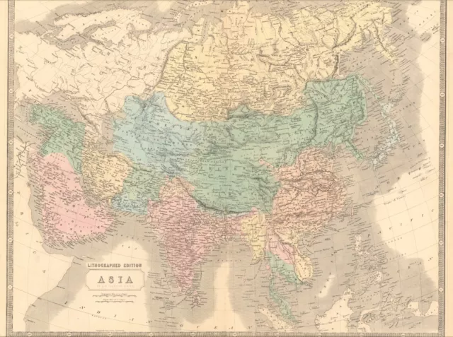 1845 Asia map by A.K. Johnston ~ 25.8" x 21.2" Antique Pastel color - Huge