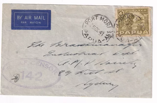 PNG1801) Papua 1941 censored Airmail cover to NSW with 1932 Pictorials 4d paying