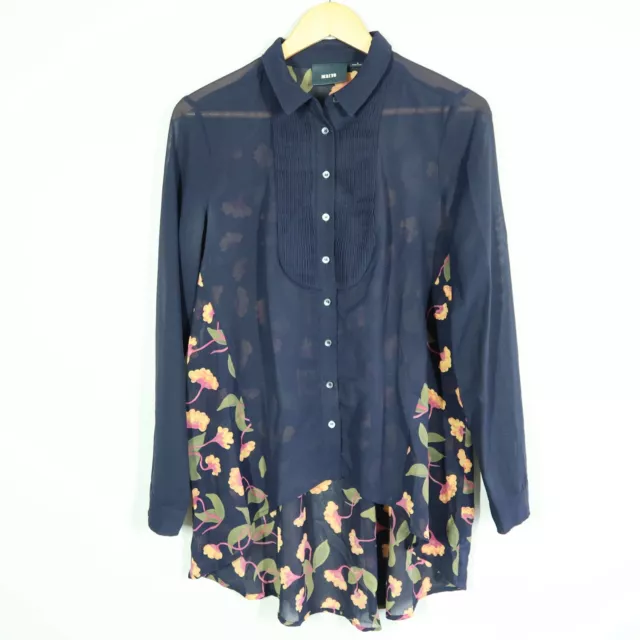 Maeve Anthropologie Top Womens 6 Blue Button Tuxedo Pintuck Semi Sheer Floral