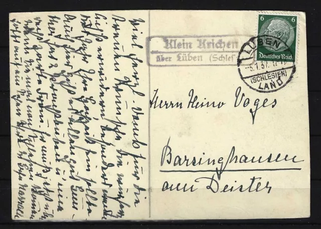 L585) Dt. Reich Karte Stempel Posthilfsstelle Klein Krichen über Lüben Schlesien