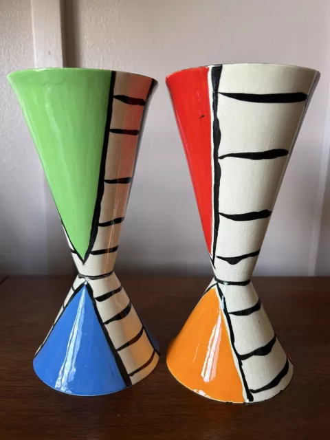 2 Marilee Hall Ceramic Pottery Whimsical Modern Goblets Folk Art TN Art Deco