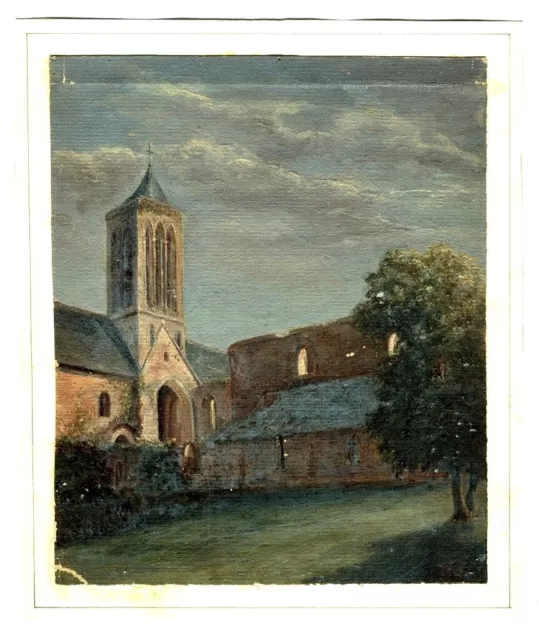 Huile sur papier - Paysage - Eglise - Dessin original ancien signé