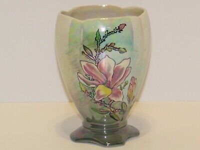 Vtg Royal Winton Grimwades England Pink Floral Footed Vase Iridescent Lustreware