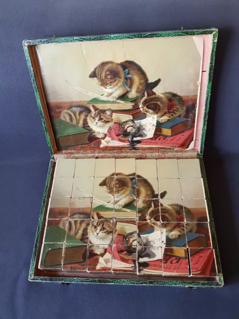 Antik großes Würfel Puzzle Holz Spiel Kubus Tiere Katzen ca. 1900 , Bilderwürfel