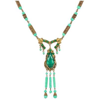 ART DECO c.1920's Ornamental Brass Jade Czech Peking Glass Pendant Necklace