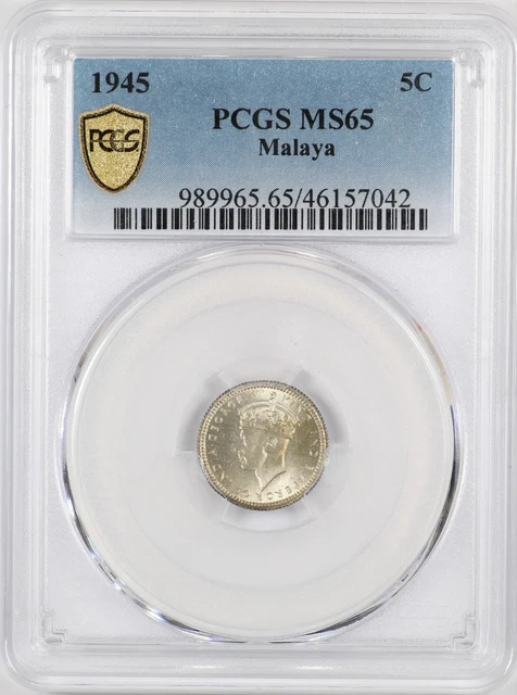 PCGS MS65 1945 Malaya 5 Cents George VI Silver Coin PCGS MS65 1945 Malaya 5 Cents George VI Silver Coin