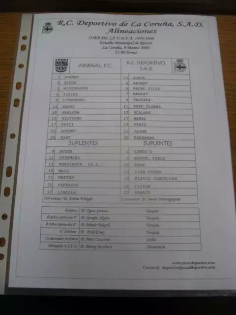 09/03/2000 Teamsheet: Deportivo La Coruna v Arsenal [UEFA Cup]