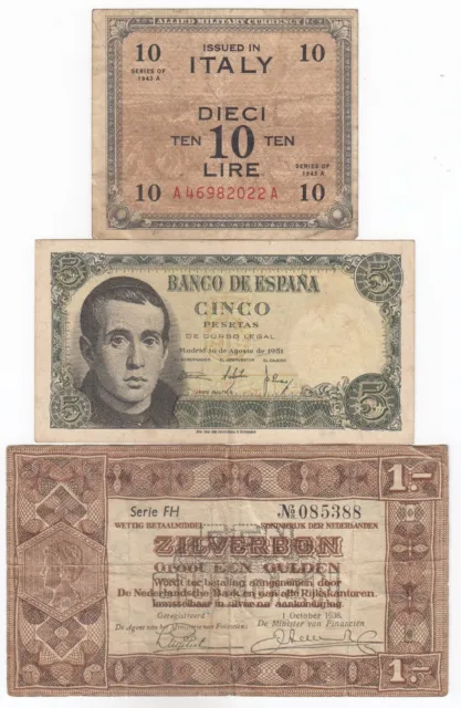 Spanien, Italien, Niederlande, Set Mit 3 Hinweise, Alle Different Banknoten, Alt