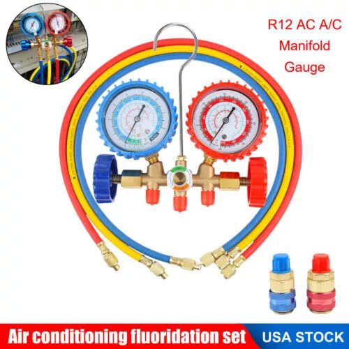 AC Manifold Gauge Set A/C Refrigeration 3FT Color Hose fit R502 R134a R12 R22