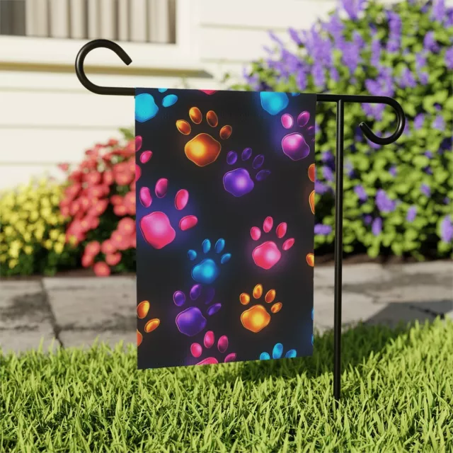 Colorful Paws on Black Garden House Banner, Outdoor Decor Garden Banner