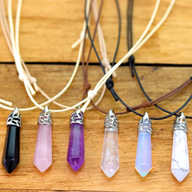 Natural Quartz Crystal Healing Gemstone Pendant Cord Necklace Choker Pointed