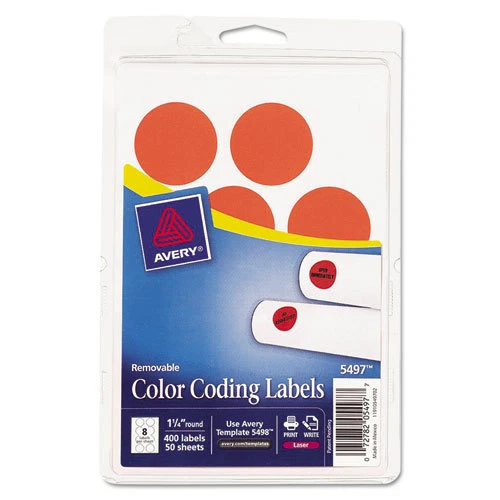 AVERY REMOVABLE COLOR Coding Labels, 11/4, Round, Neon Red, 400/Pack
