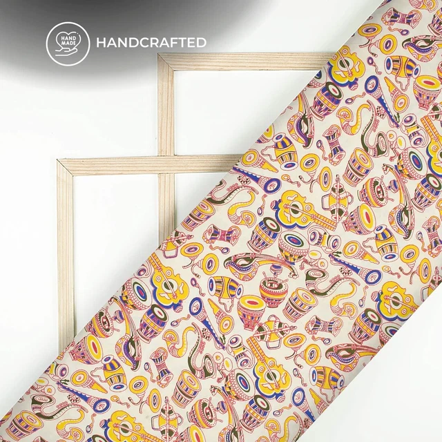 Indian Musical Instruments Pattern Digital Printed Fabric Cotton Cut By Yard