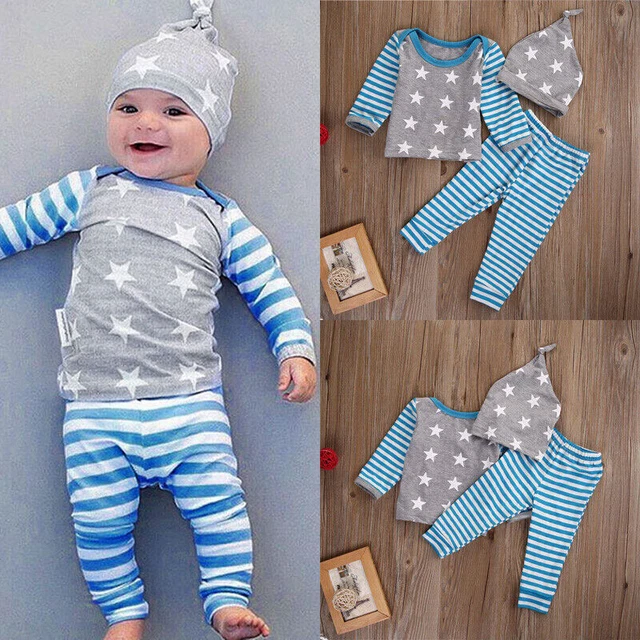 3Pcs Newborn Baby Boys Romper Tops Pants Hat Kids Clothes Sets Gentleman Outfits