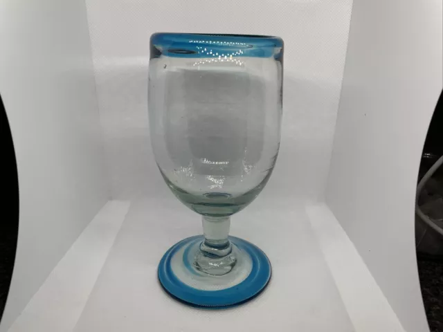 Mexican Art Glass Hand Blown Water Goblet Wine Glass Aqua Trim