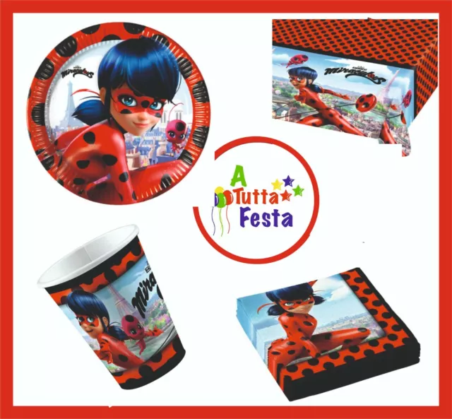 Kit Addobbi Festa Compleanno Lady Bug Miraculous X8X16X24X32X40 Persone  Piatt