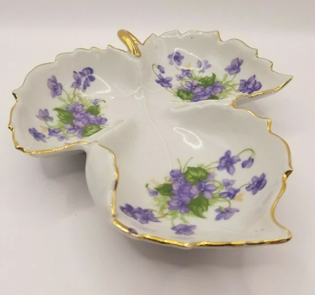 Ceramic Leaf Shaped Divided Candy Dish - Floral Gilt Trim - UCAGCO China - Japan